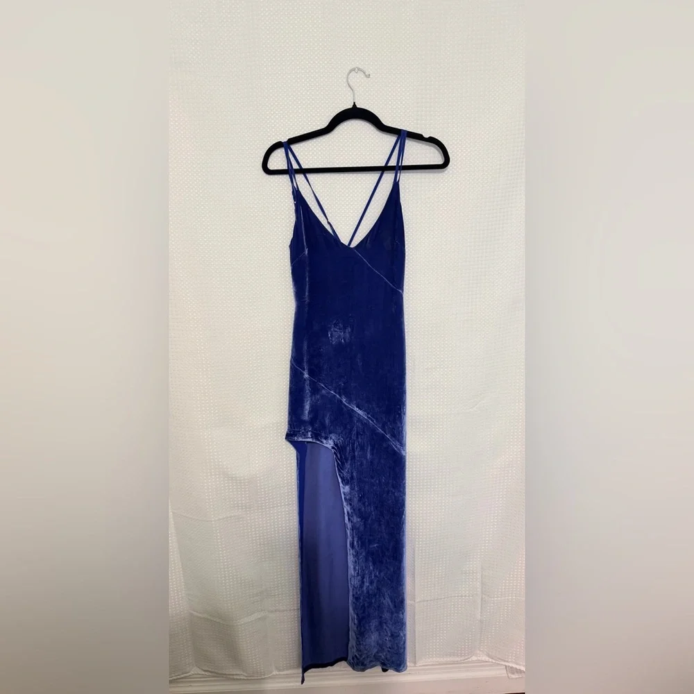For Love & Lemons Nadine Cobalt Blue Velvet Maxi Dress M Plunging Slit - Picture 7 of 8